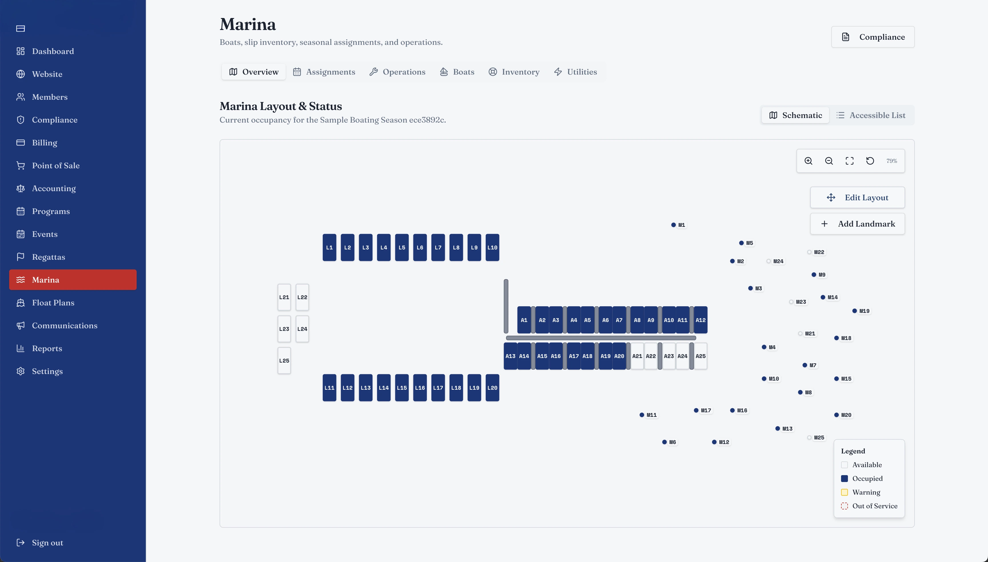Sample marina layout showing slips, moorings and occupancy