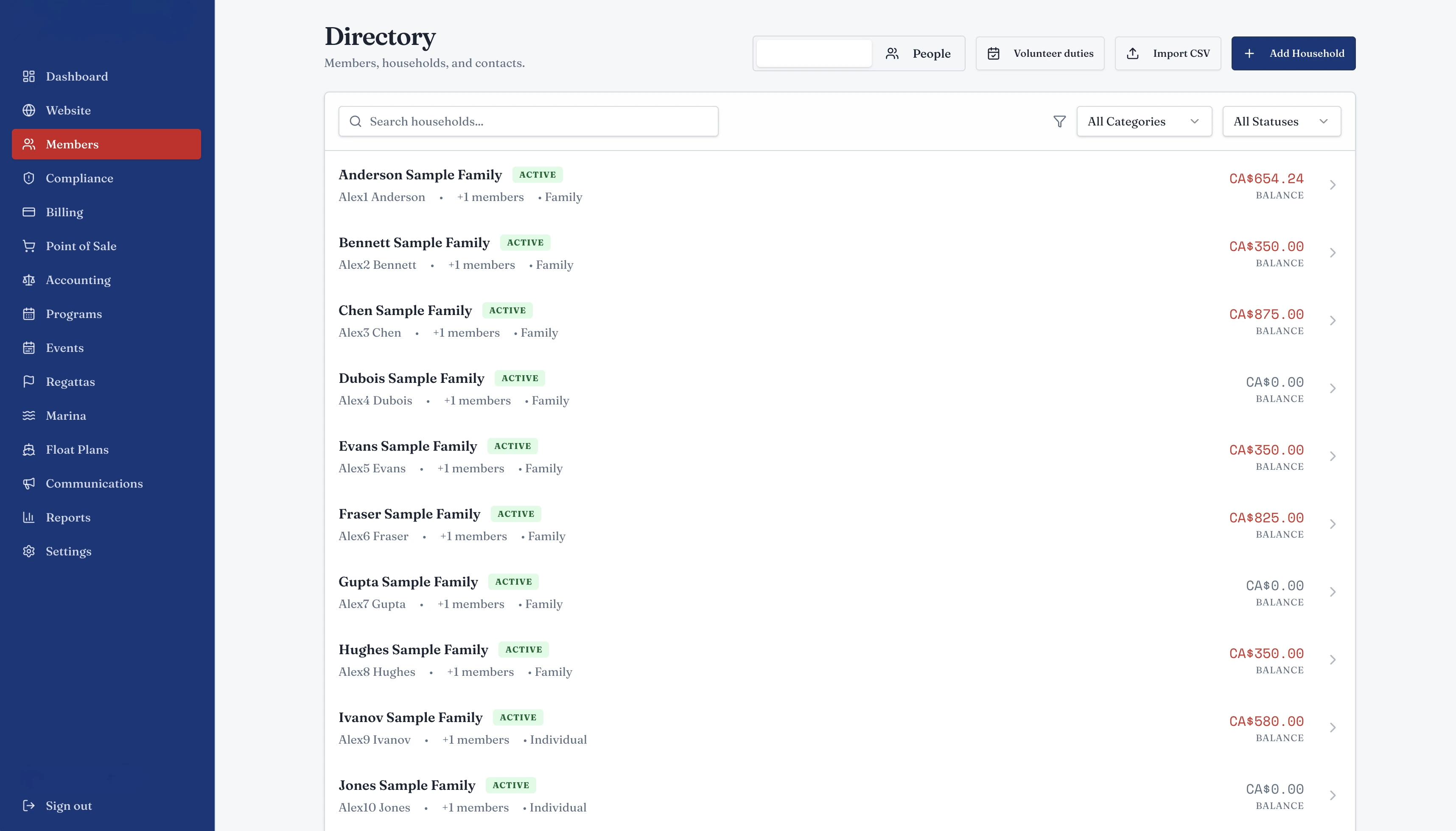 Member directory with sample households and balances