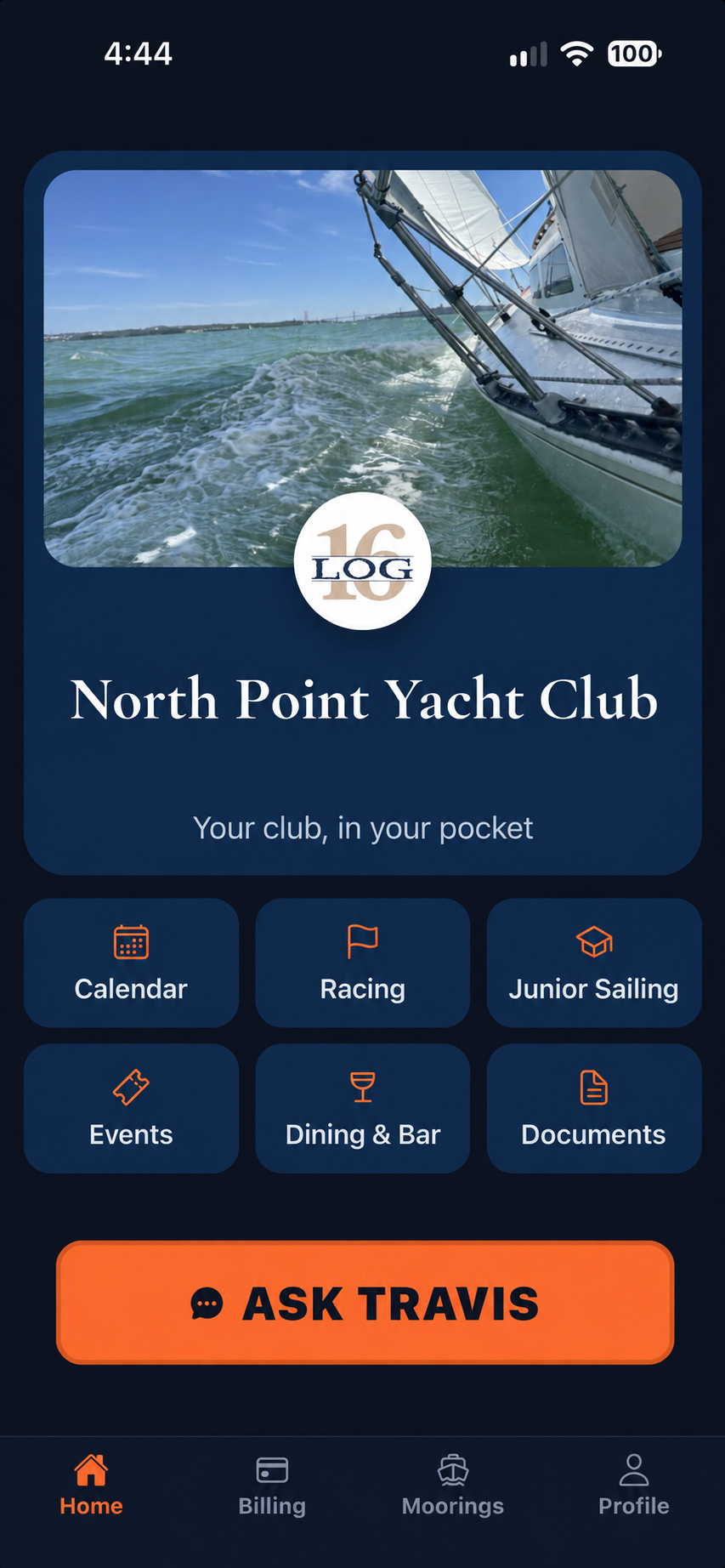 Club-branded home screen with club crest, calendar, racing and Ask Travis